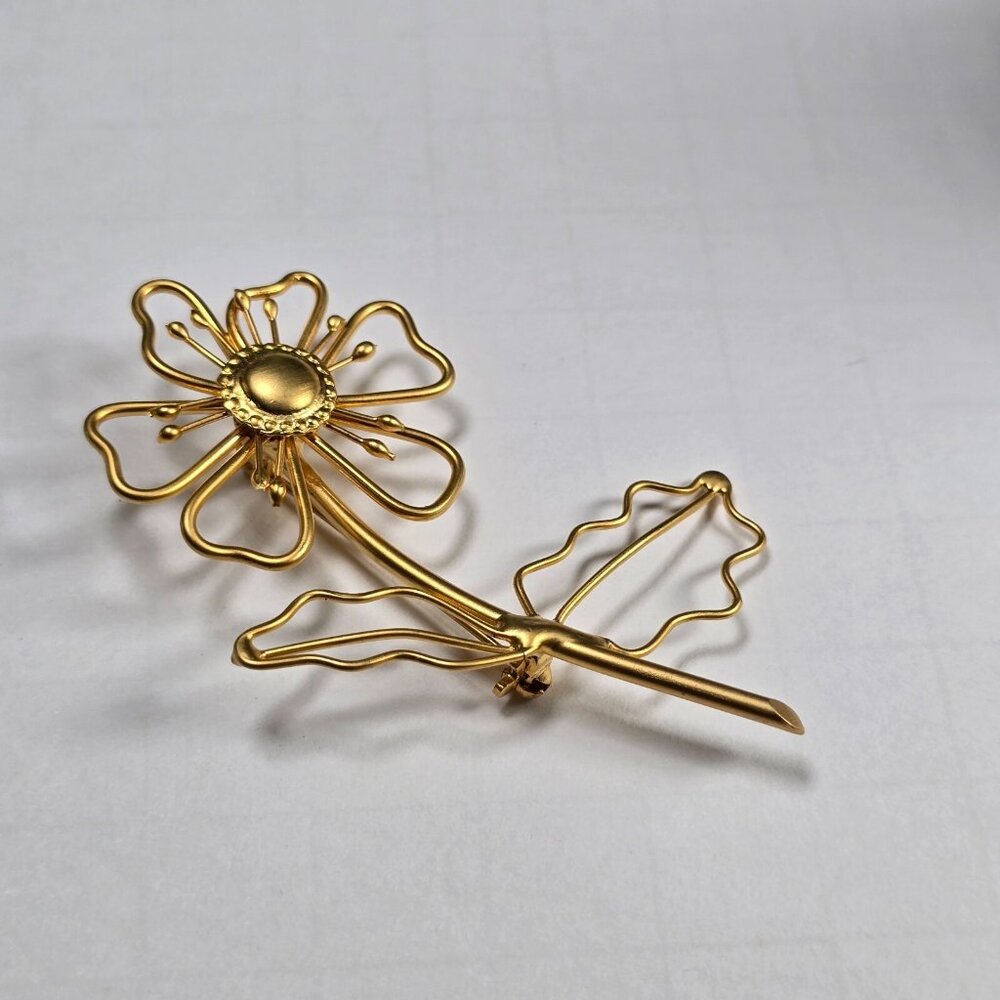 Gold Tone Flower Brooch Open Wire Daisy Mid Century Modernist Statement Vintage - Picture 4 of 10